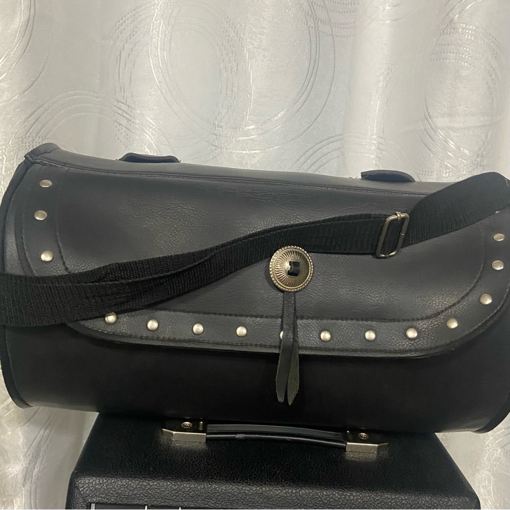 Black Leather Faux leather duffel motorcycle Bag. Used.